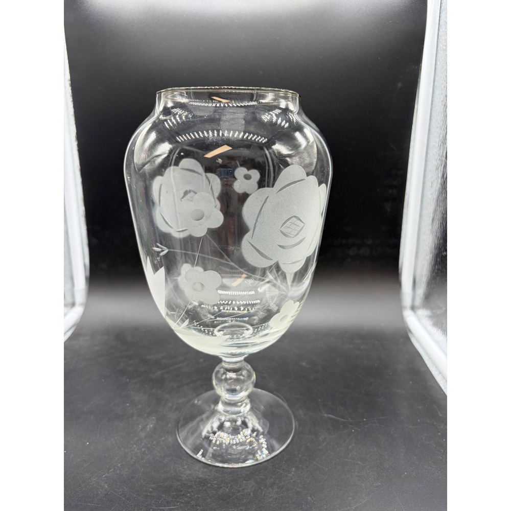Vintage Etched Clear Glass Footed‎ Vase Frosted Floral Pedestal Flower Vase
